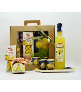 Gift box: Bottle + tray and hand painted ceramic glasses + lemon jam + lemon confetti