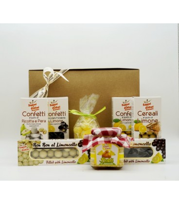 Gift box: Selection of sugared almonds + Bon bon with limoncello + lemon candies + babà with limoncello