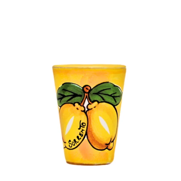 Set of 6 ceramic limoncello glasses painted with lemons on yellow background - Made in Italy