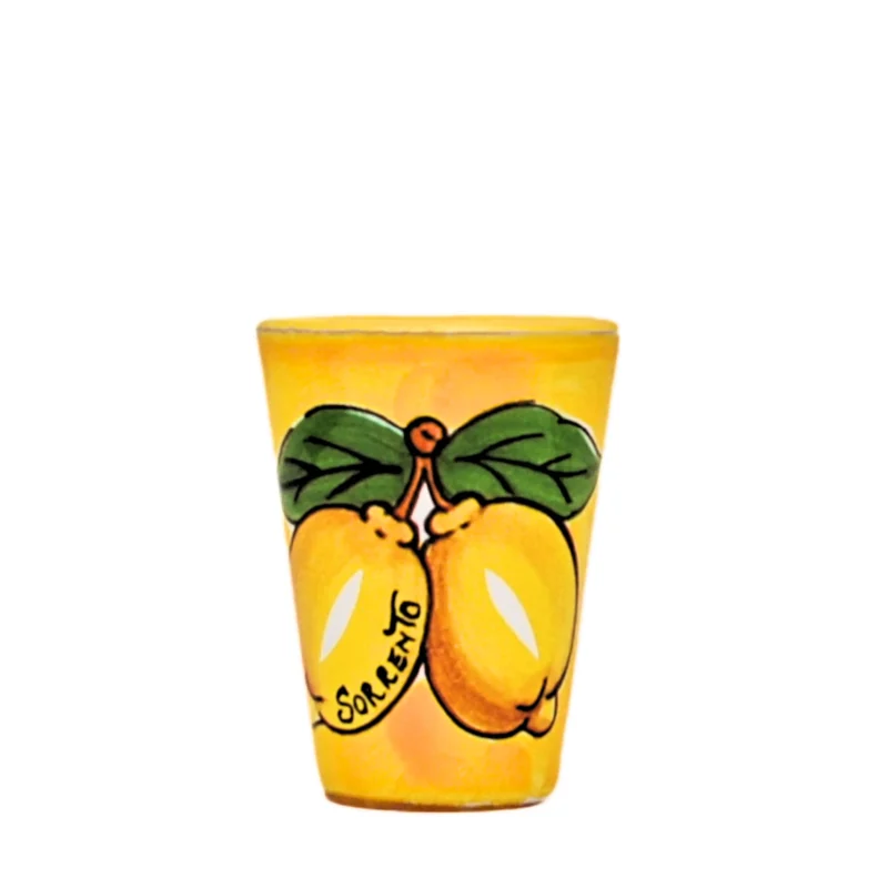 Set of 6 ceramic limoncello glasses painted with lemons on yellow background - Made in Italy